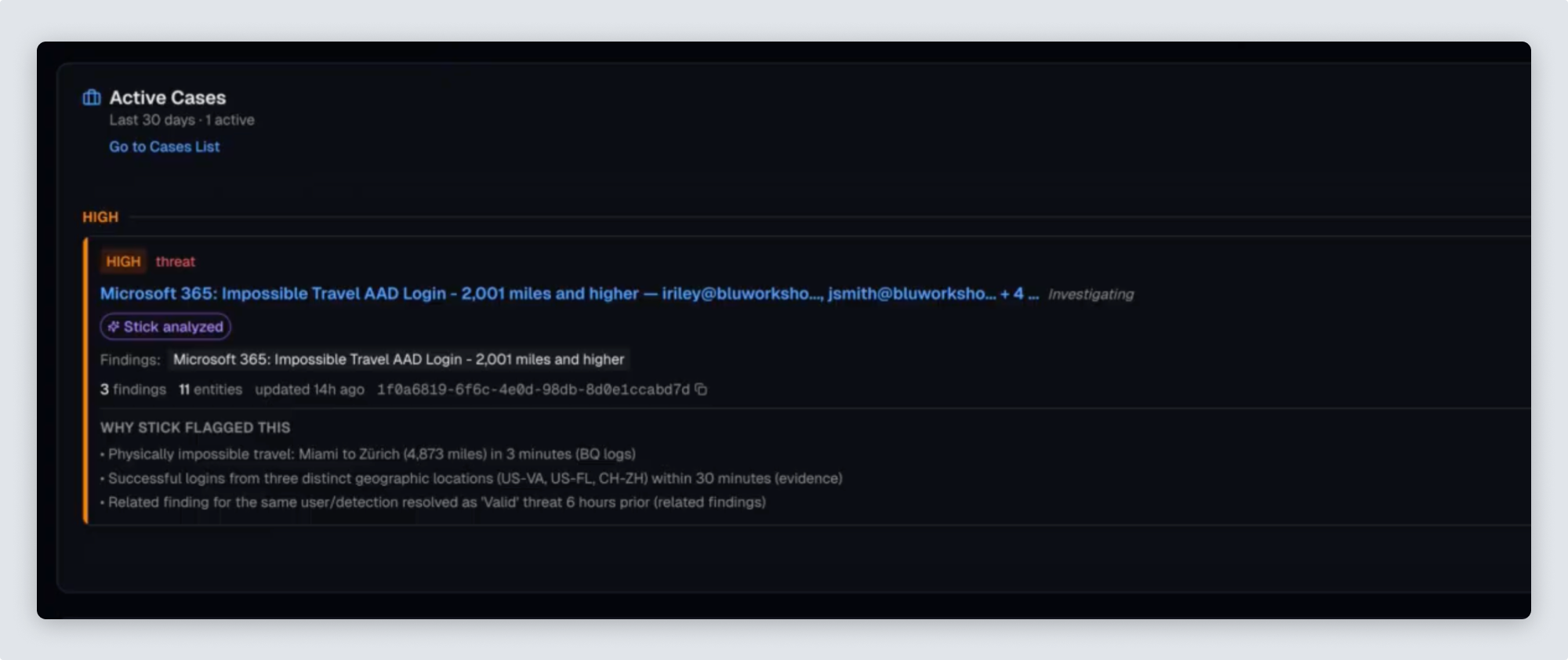 The redesigned Cases component (now called Active Cases) with a section listing the reasoning behind the flagged case
