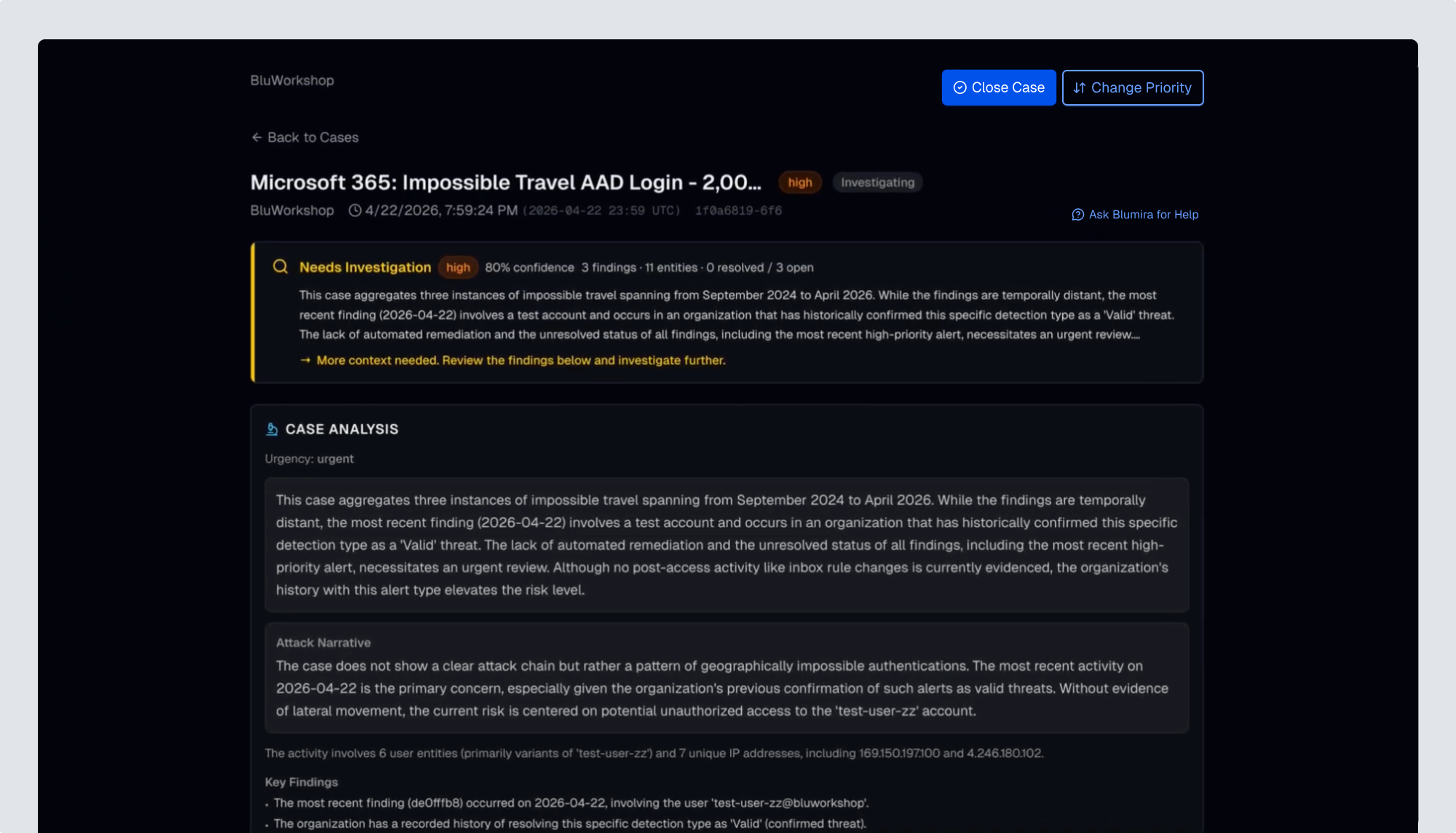 The redesigned case detail page with Close Case and Change Priority at the top right, above a summary of what the case needs
