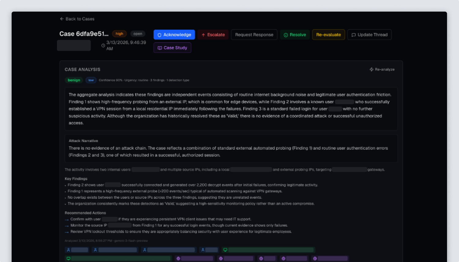 The original case detail page with seven differently styled action buttons in a row beneath the case title