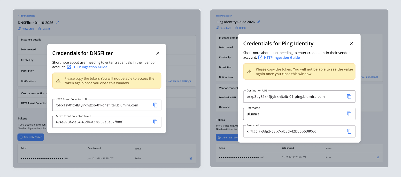 Credentials dialogs for DNSFilter and Ping Identity, each showing a different set of credentials