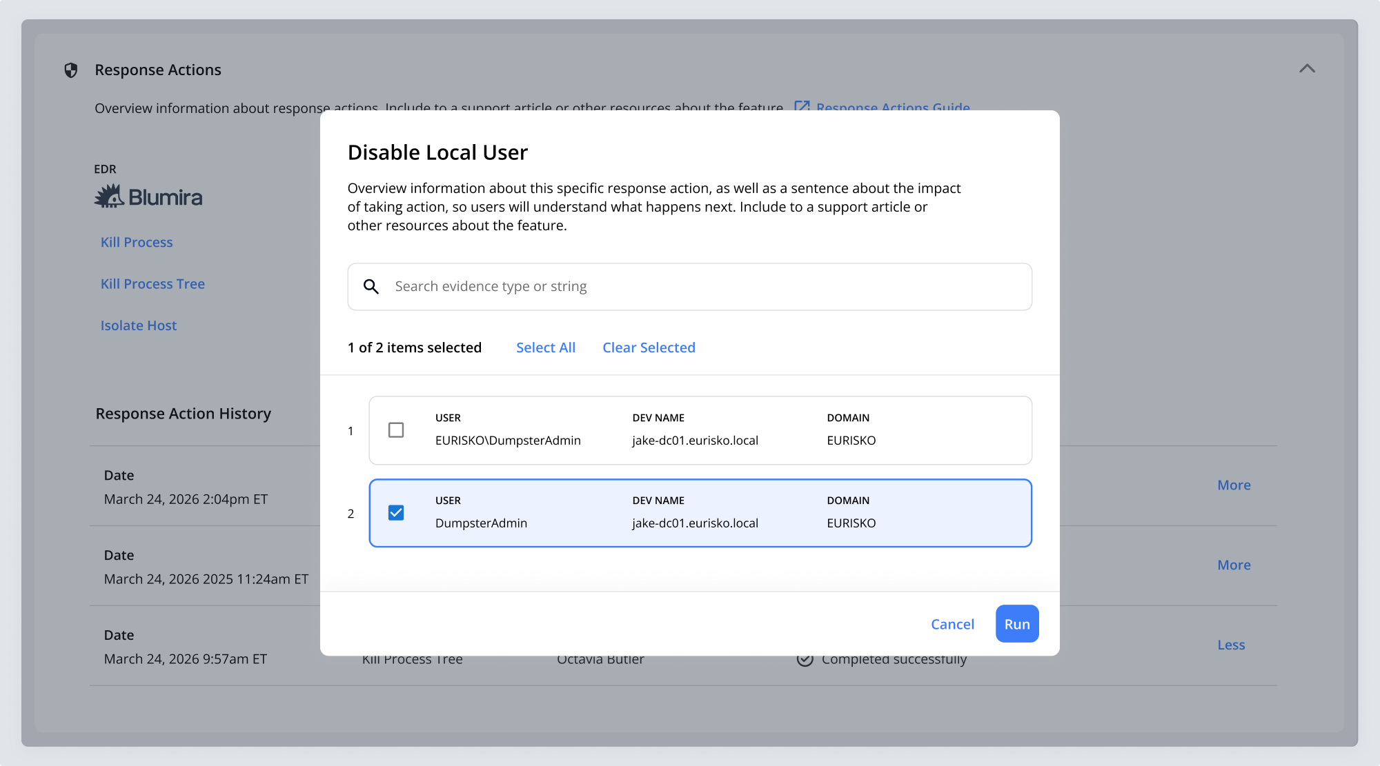The Disable Local User dialog showing two evidence cards with one selected