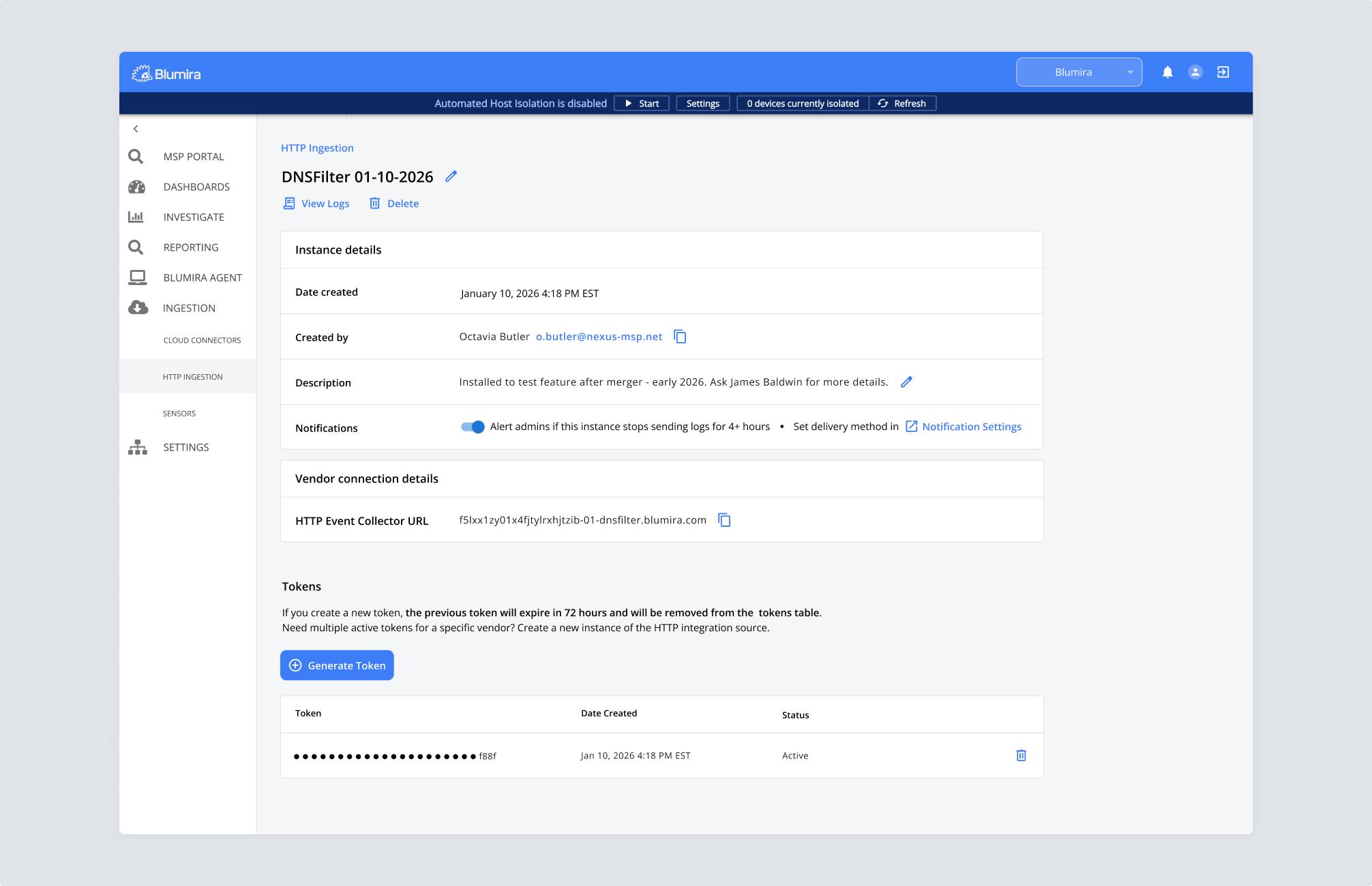 The HTTP Ingestion instance detail page, showing instance details, vendor connection details, and the tokens table