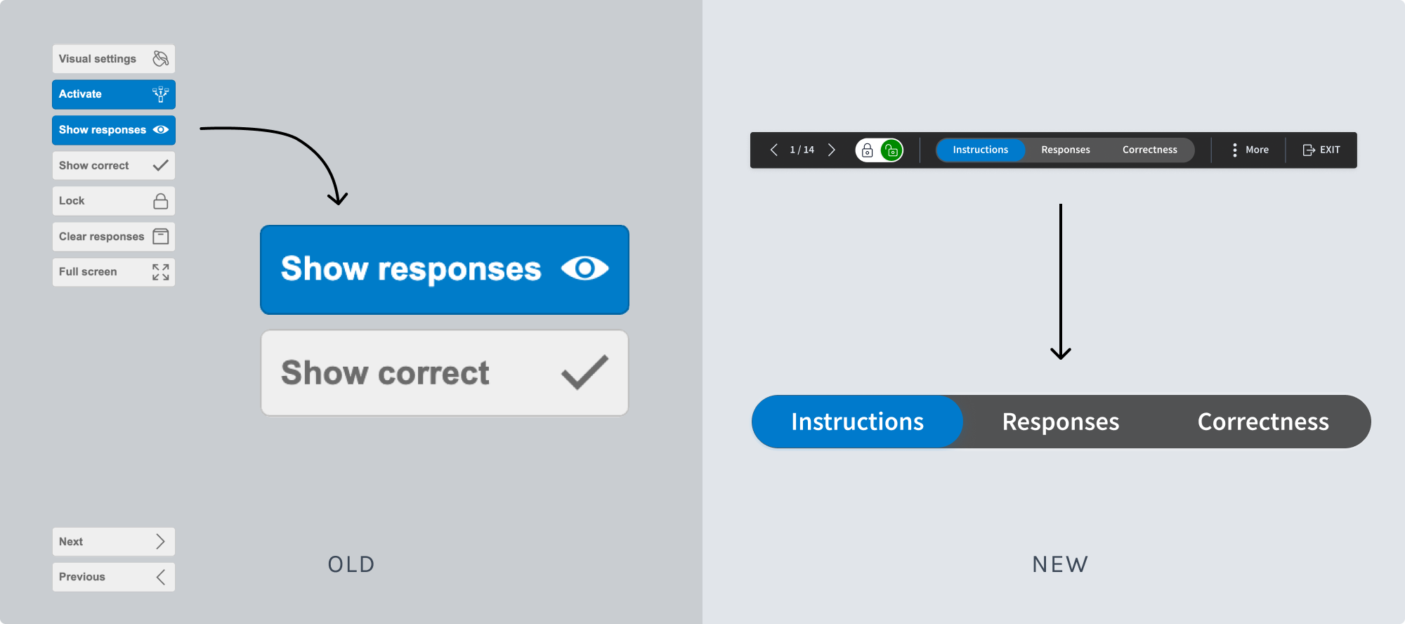 The old stacked Show responses and Show correct buttons, next to the new segmented control showing Instructions, Responses, and Correctness together