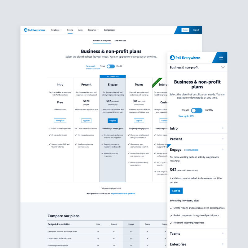 Poll Everywhere plans page redesign
