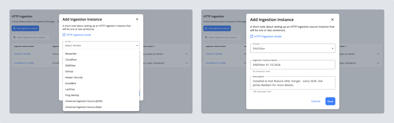 Step one of the setup flow with the vendor dropdown open, and step two with the instance name and description filled in