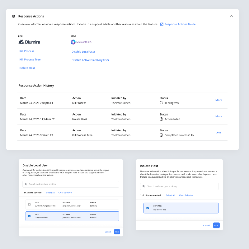 The Response Actions panel with the Disable Local User and Isolate Host dialogs