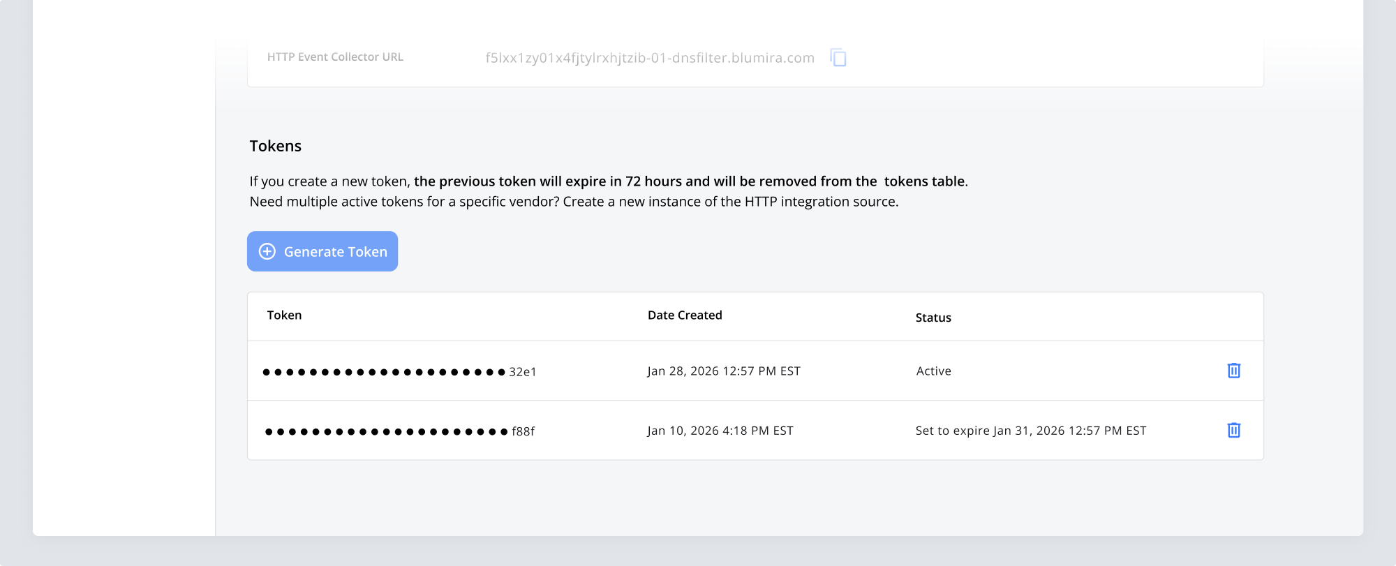 The tokens table showing an active token alongside an older token set to expire, with the buffer period between them