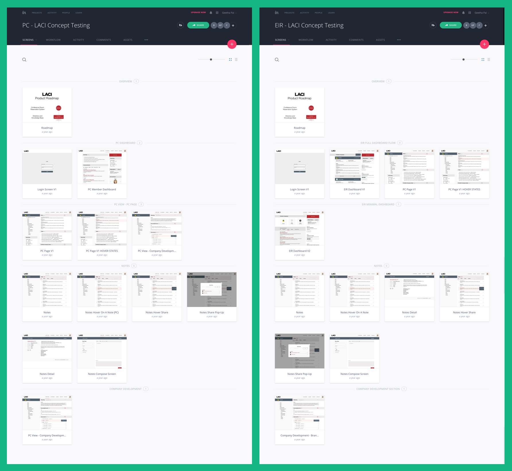 screens of 2 concept testing prototypes