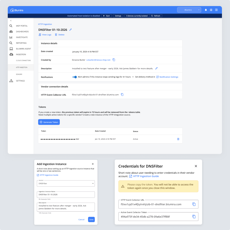 The HTTP Ingestion detail page with the setup and credentials dialogs