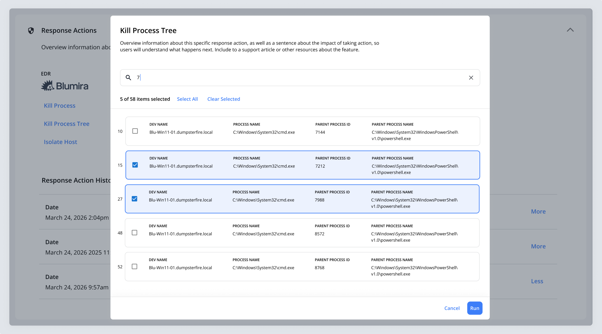 The Kill Process Tree dialog with a search narrowing the evidence cards, five of them selected