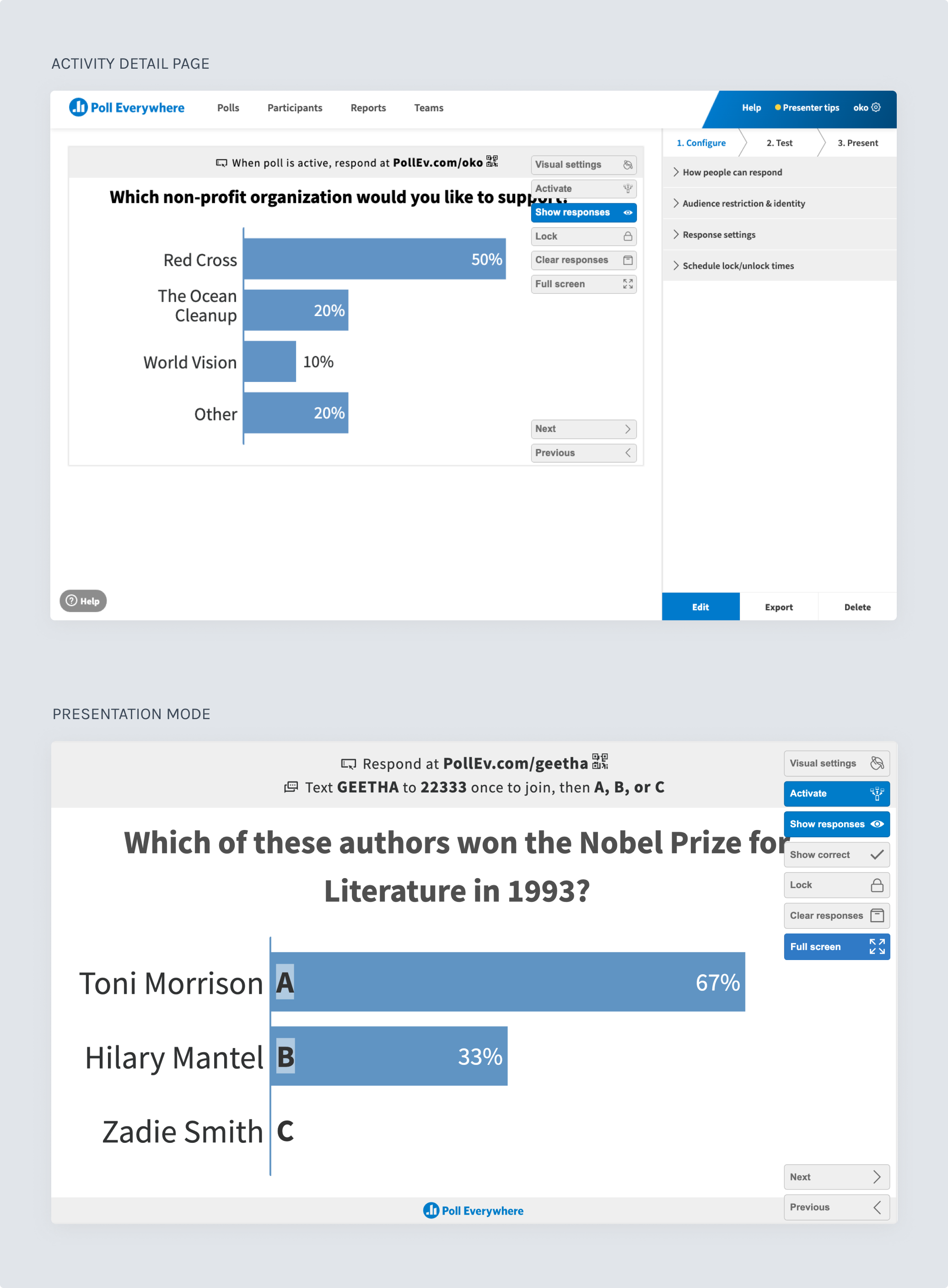 images of old activity page and presentation mode