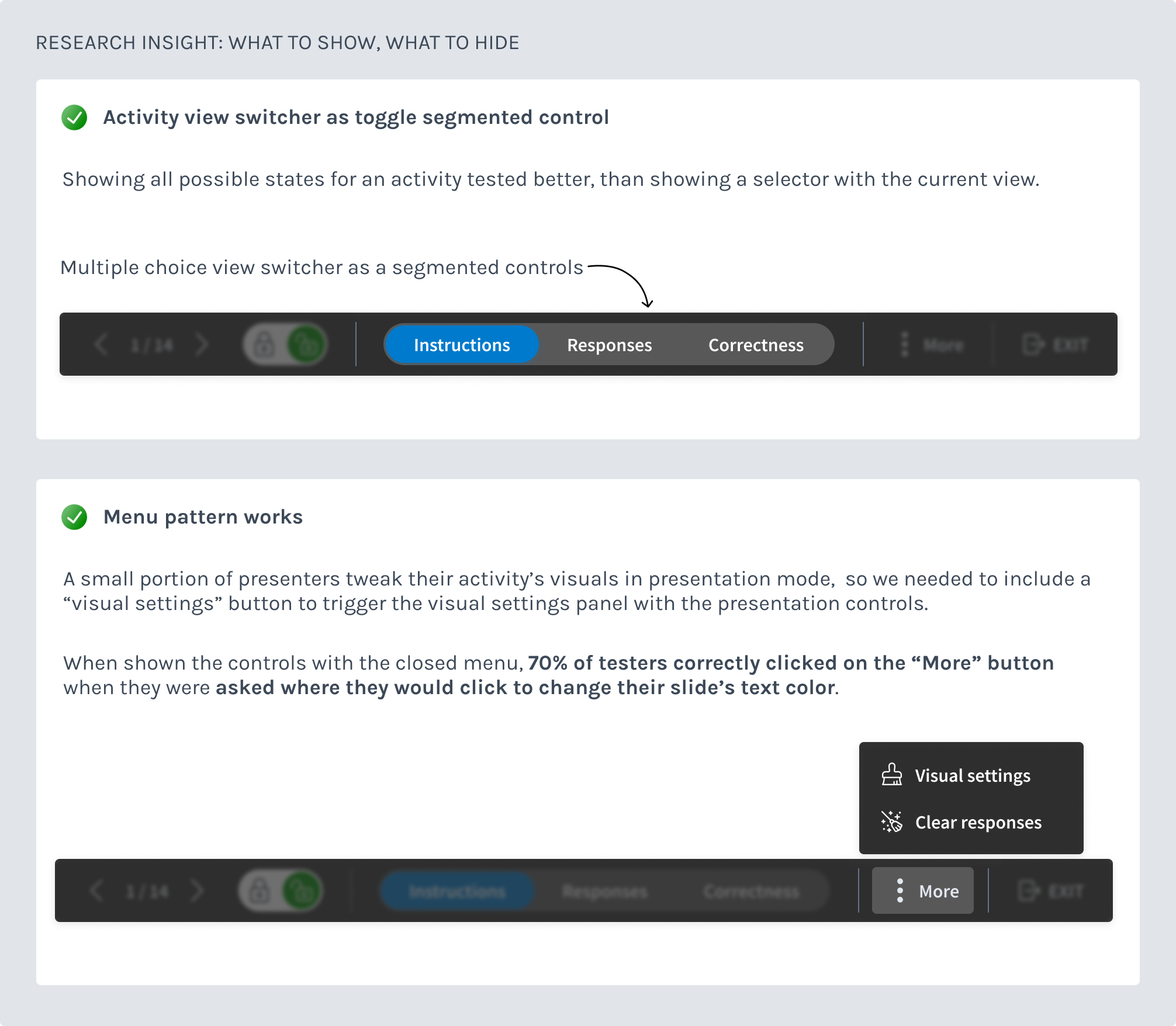 showing all the possible activity states while hiding some presentation tools tested well.